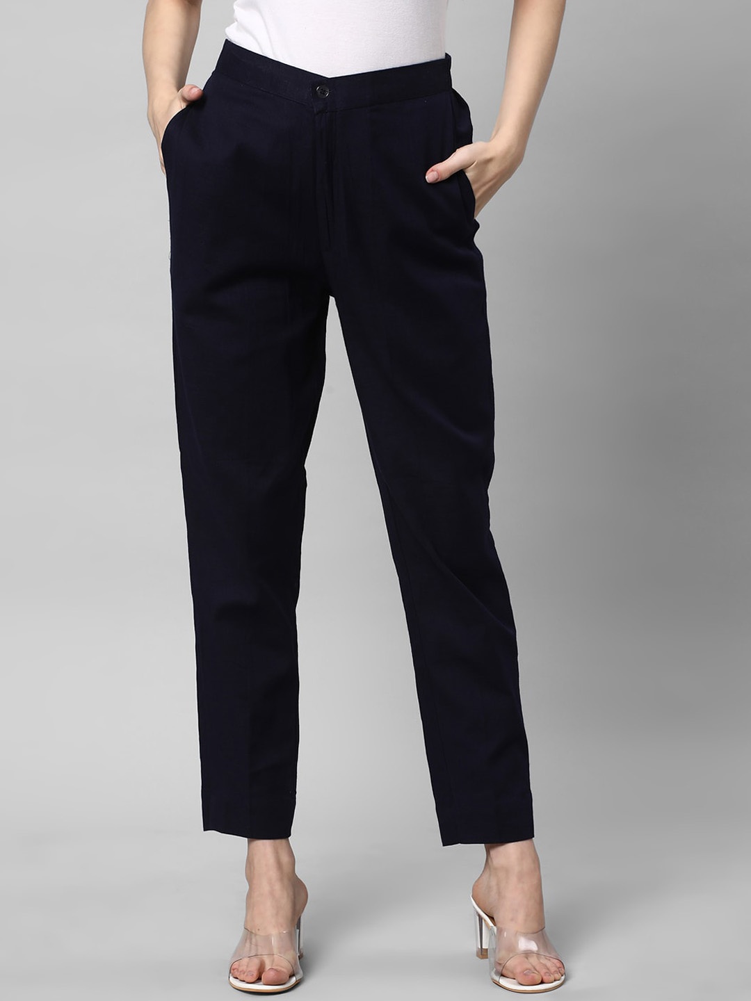KAMI KUBI Women Straight Fit Cotton Linen Trousers, Navy blue