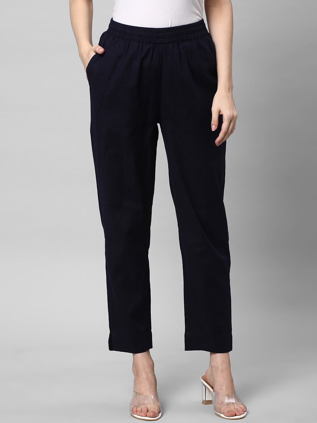 

KAMI KUBI Women Straight Fit Cotton Linen Trousers, Navy blue