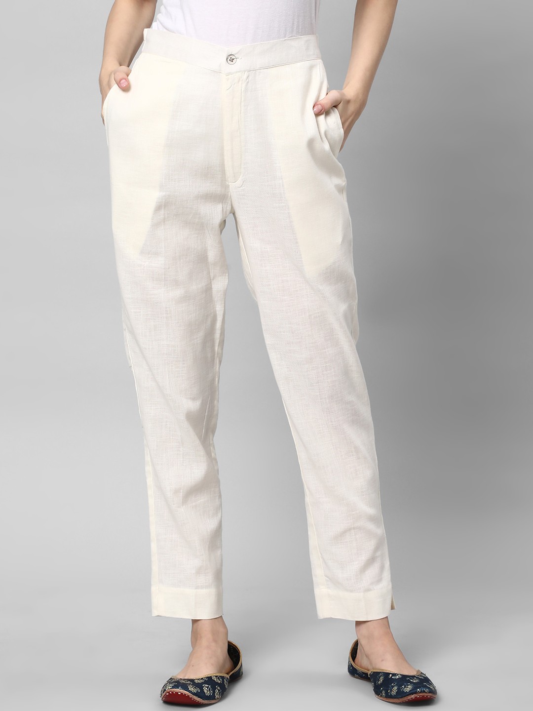 

KAMI KUBI Women Straight Fit Cotton Linen Ethnic Trousers, Off white