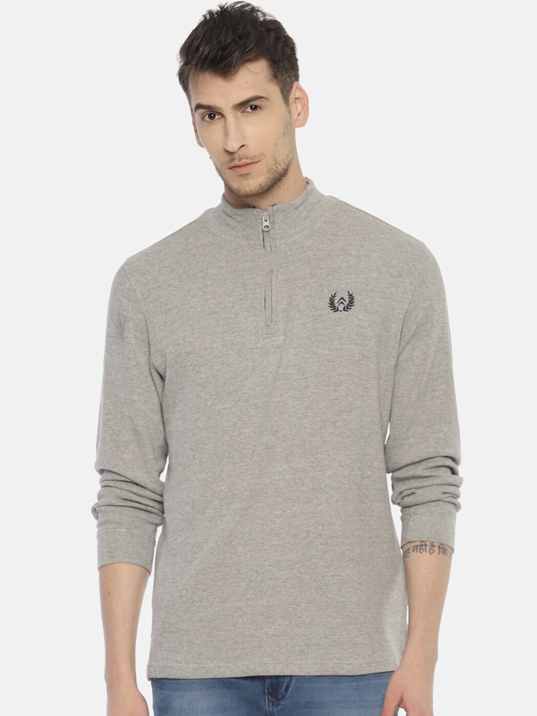 

Steenbok Mock Collar Cotton Pullover, Grey melange
