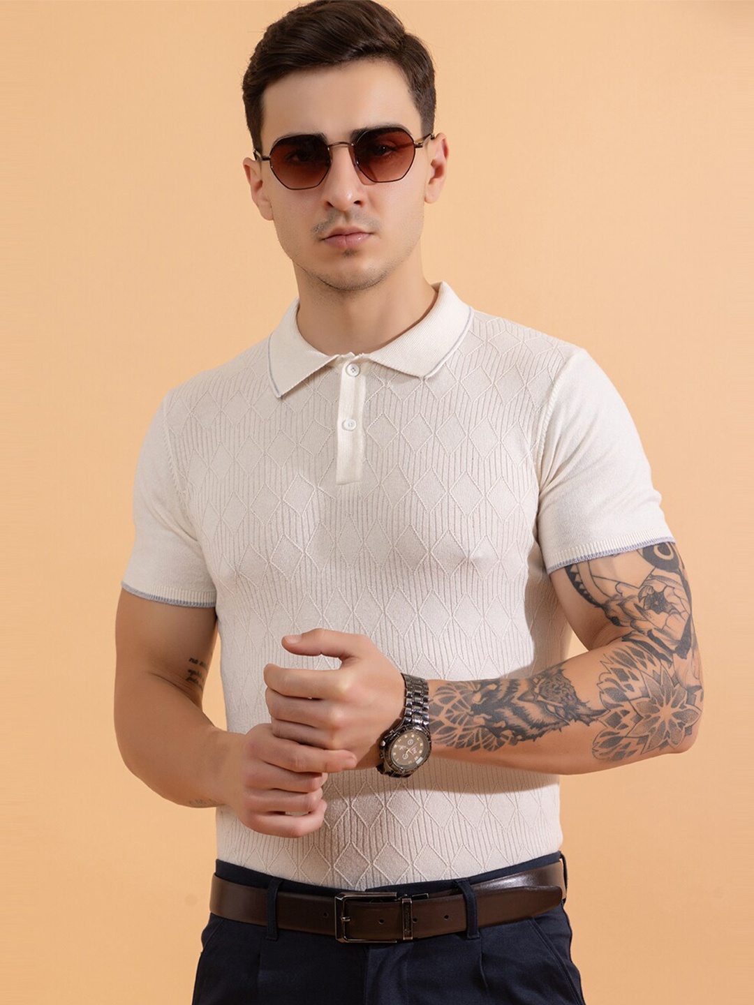 

ARMISTO Men White Textured Pure Cotton Knit Polo T-shirt