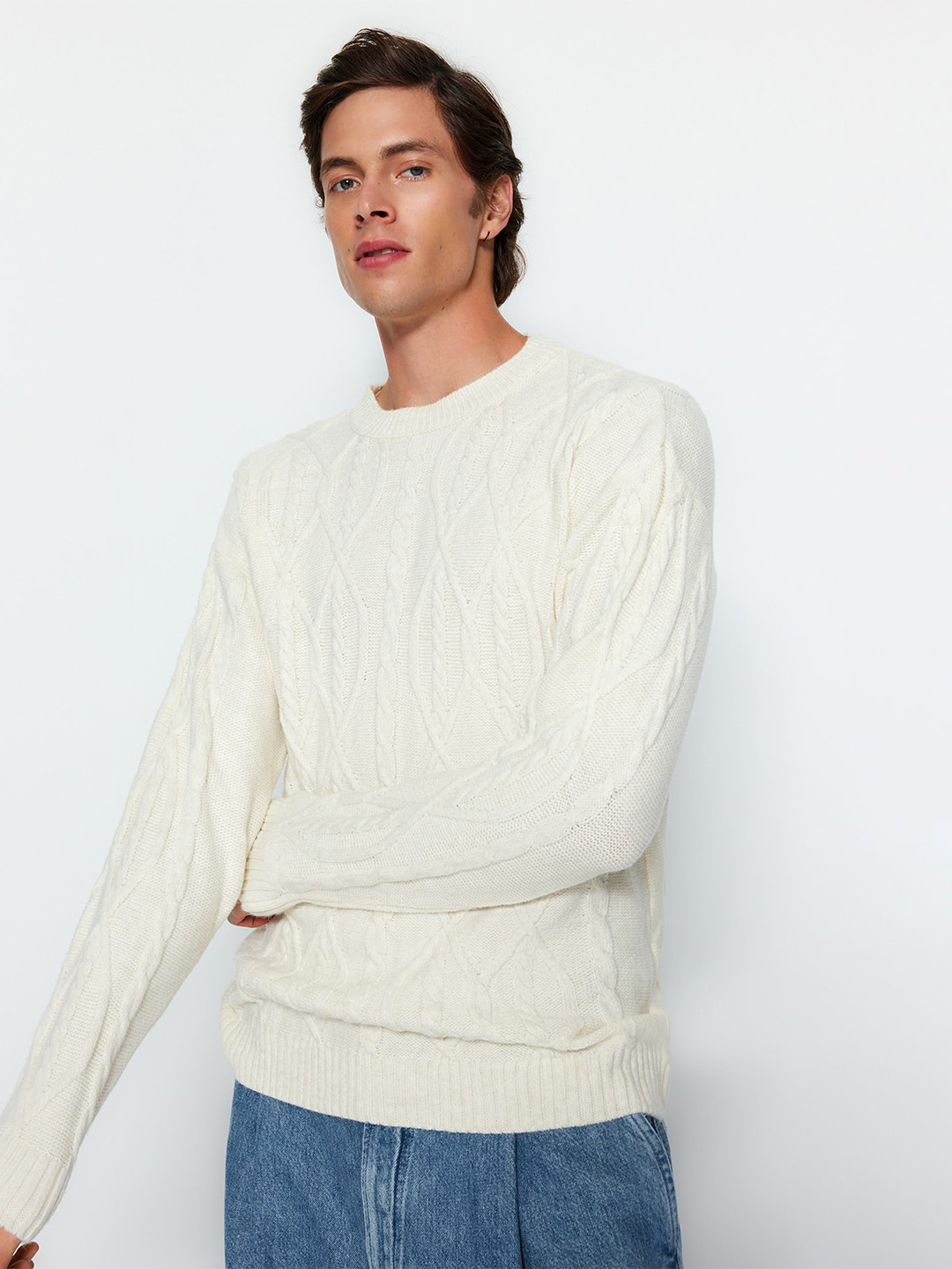 

Trendyol Self Design Cable Knit Pullover, White