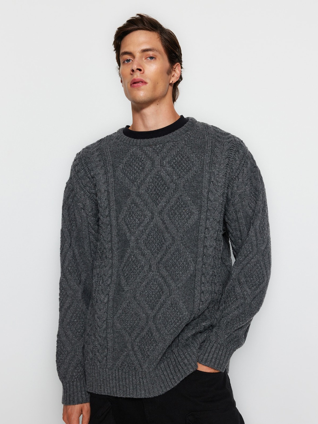 Trendyol Unisex Cable Knit Pullover, Grey