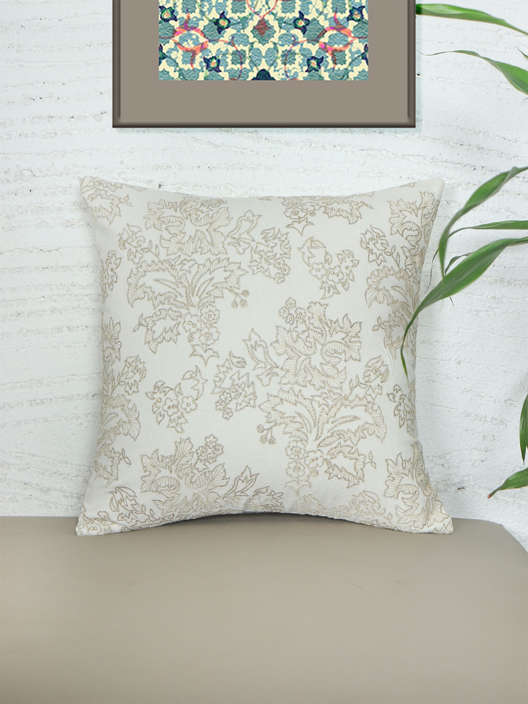 

ZEBA Off White Ethnic Motifs Printed Brocade Square Cushion Cover