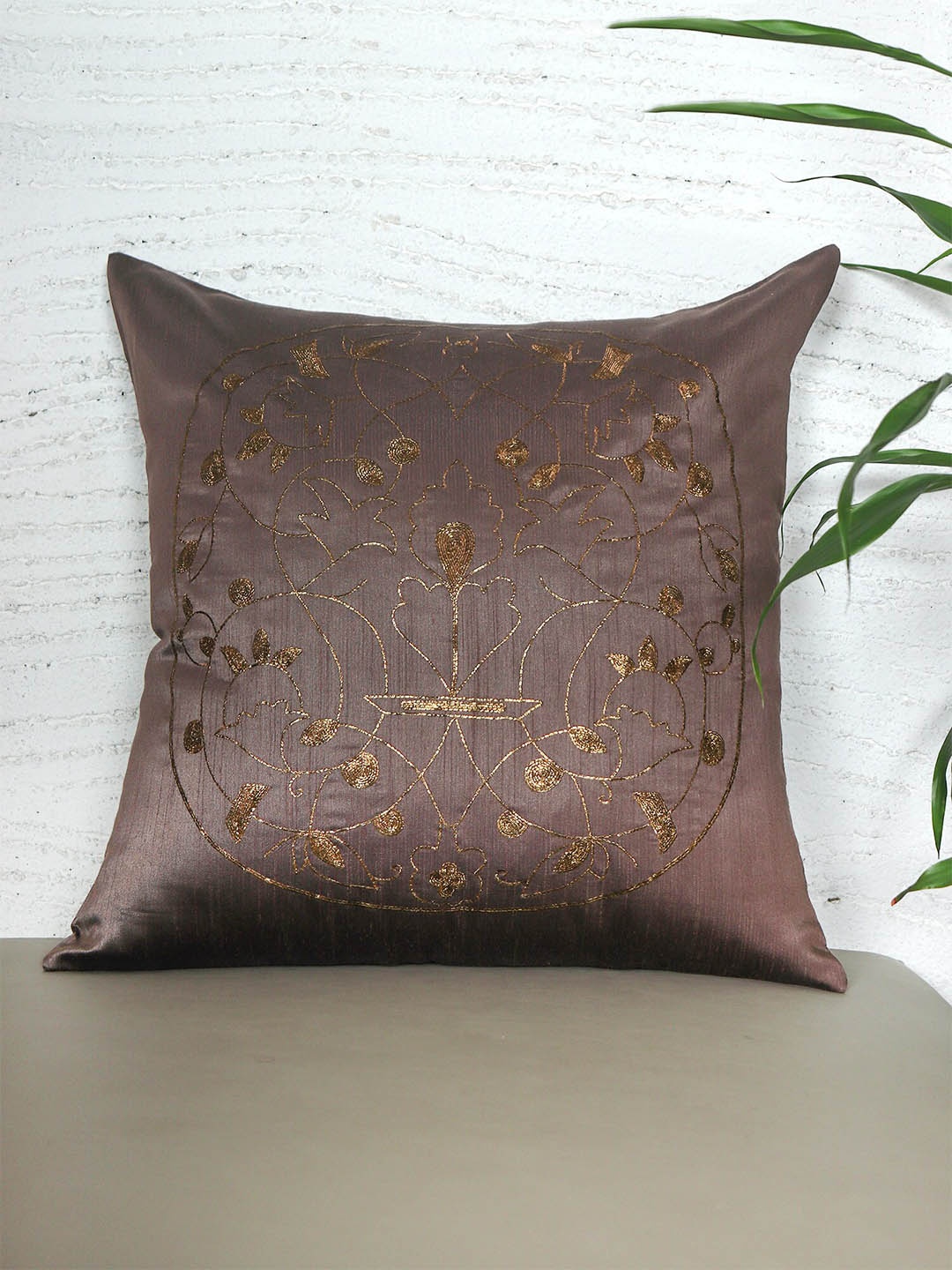 

ZEBA Brown Embroidered Square Cushion Cover