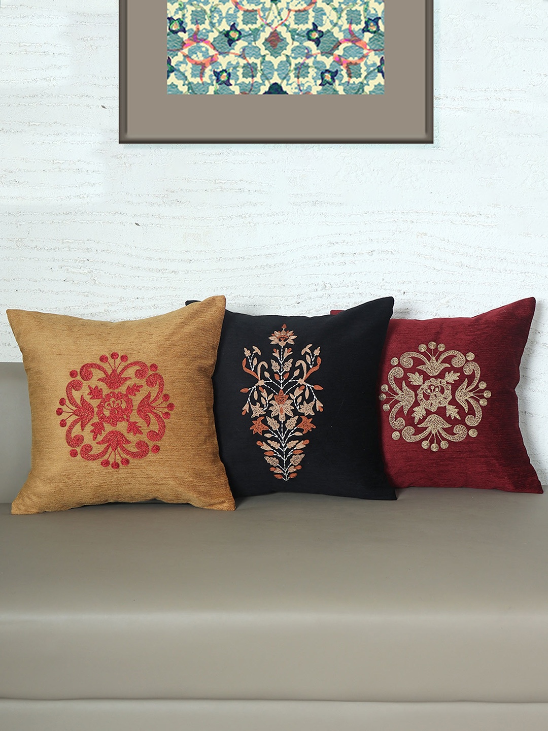

ZEBA Red & Black 3 Pieces Embroidered Square Cushion Covers