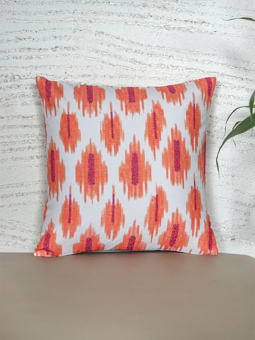 

ZEBA Off White & Orange Abstract Embroidered Square Cushion Cover