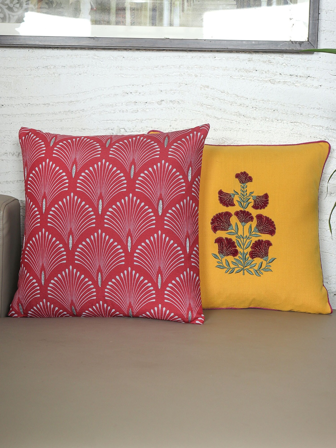 

ZEBA Red & Yellow 2 Pieces Ethnic Embroidered Square Cushion Covers