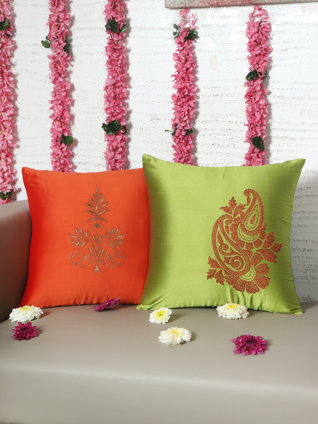 

ZEBA Green & Orange 2 Pieces Ethnic Embroidered Square Cushion Covers