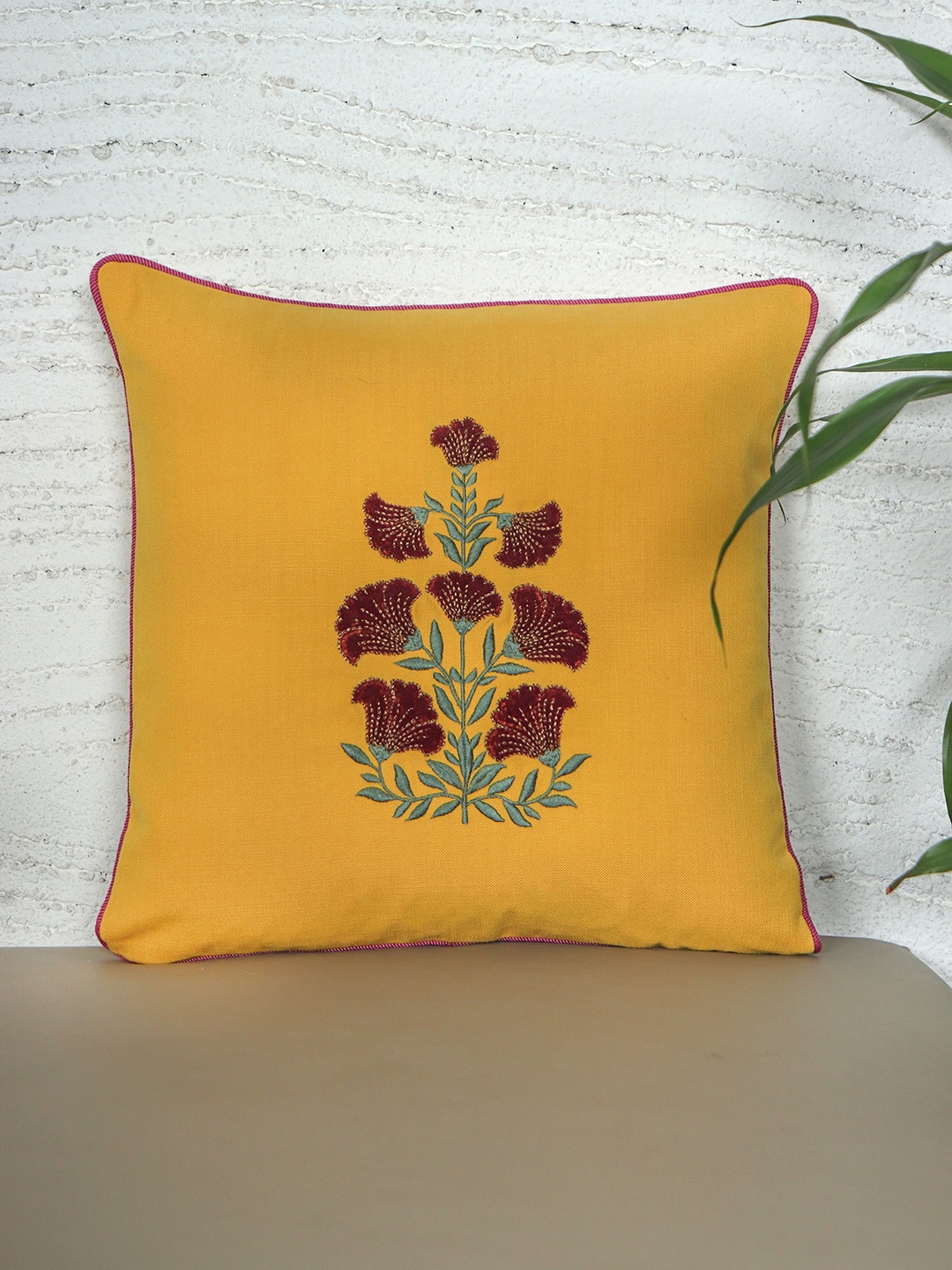 

ZEBA Yellow Embroidered Square Cushion Cover