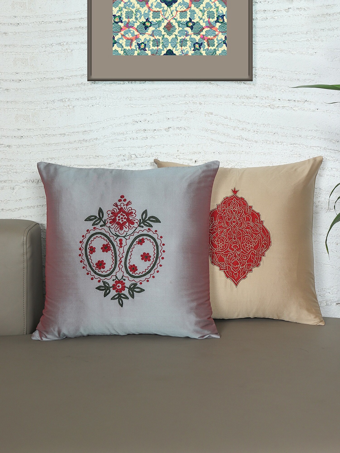 

ZEBA Grey & Gold Toned 2 Pieces Ethnic Embroidered Square Cushion Covers