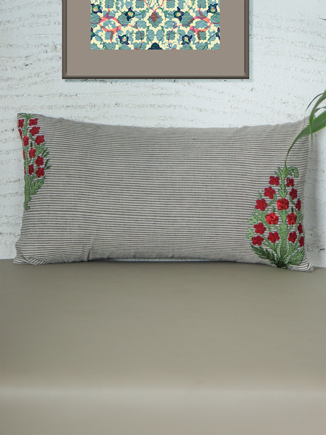 

ZEBA Grey & Red Striped Linen Rectangle Cushion Cover