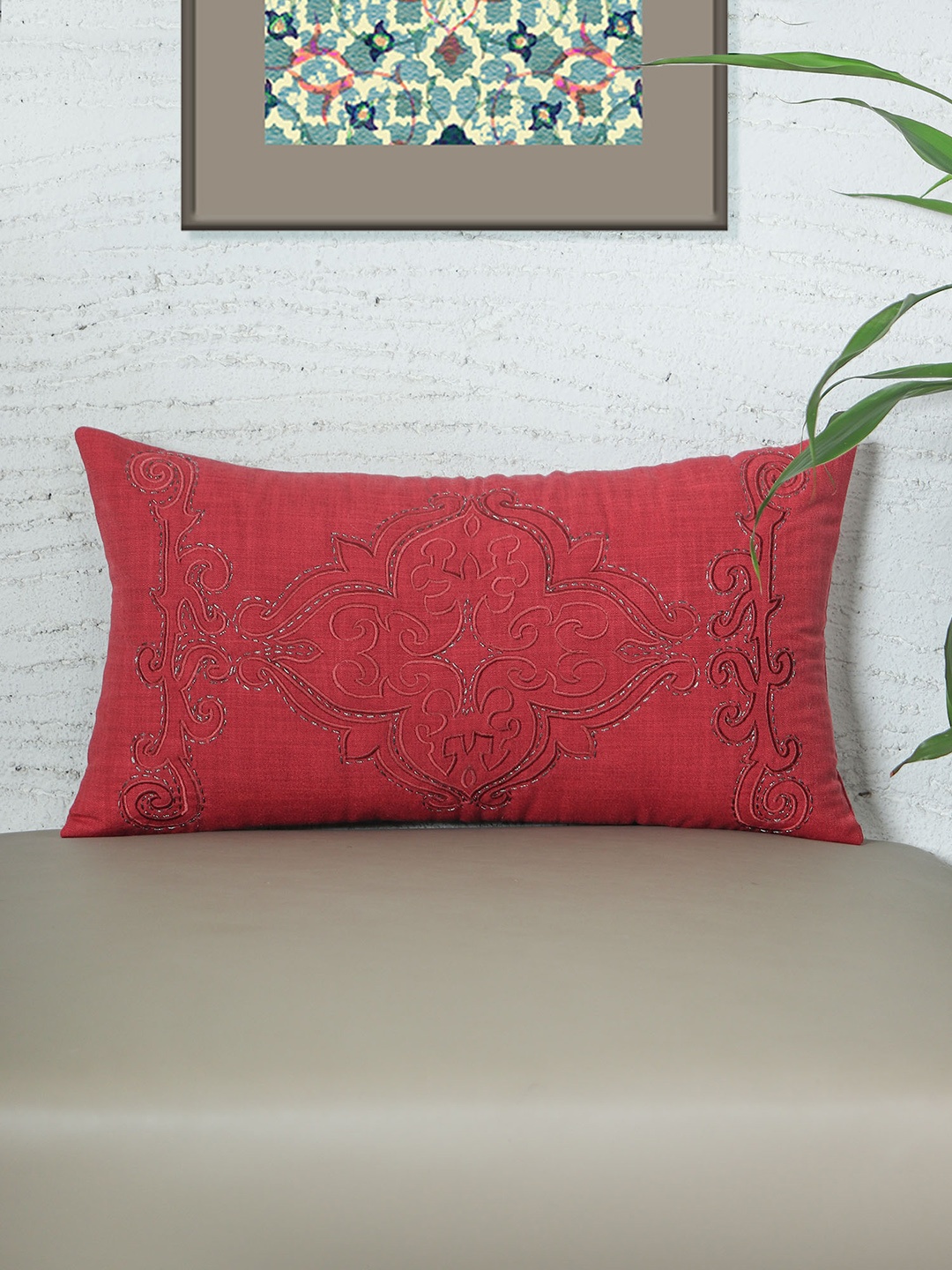 

ZEBA Red Embroidered Rectangle Cushion Cover