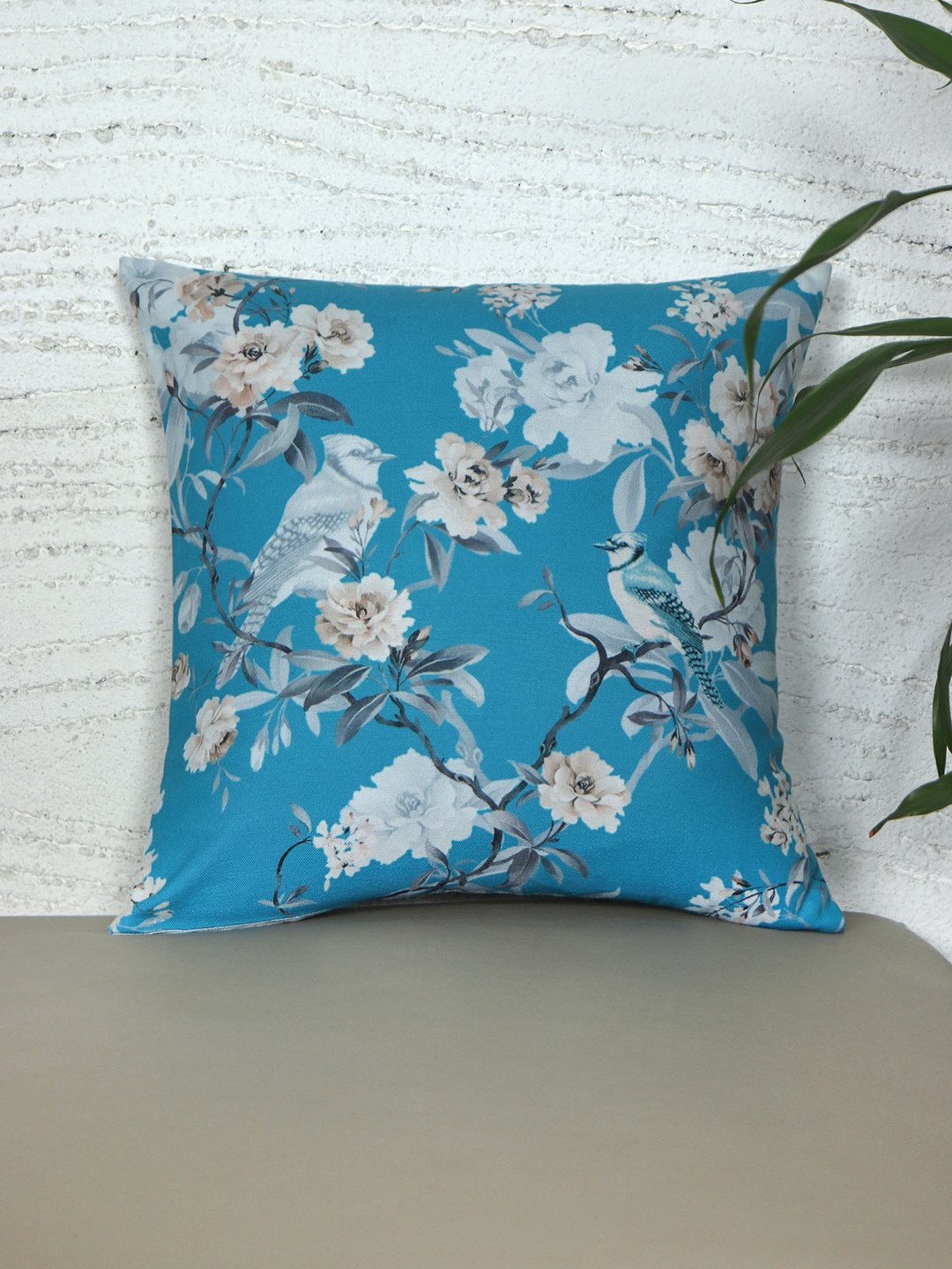 

ZEBA Teal & White Floral Printed Square Cushion Cover