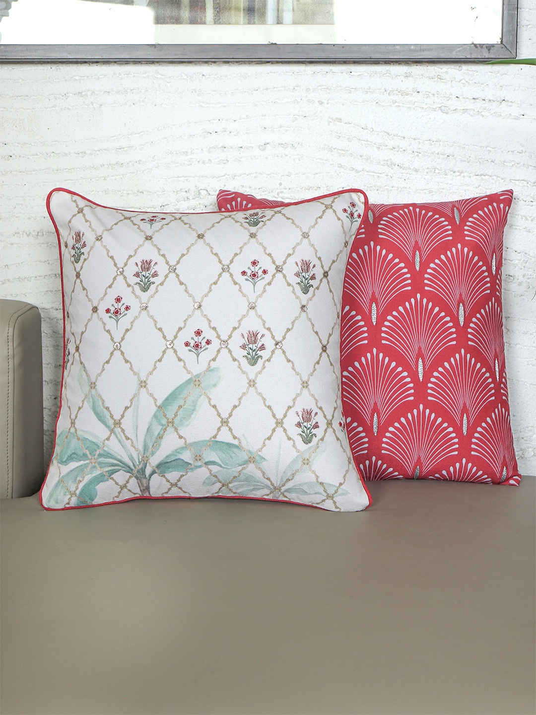 

ZEBA White & Red 2 Pieces Ethnic Motifs & Printed Embroidered Square Cushion Covers