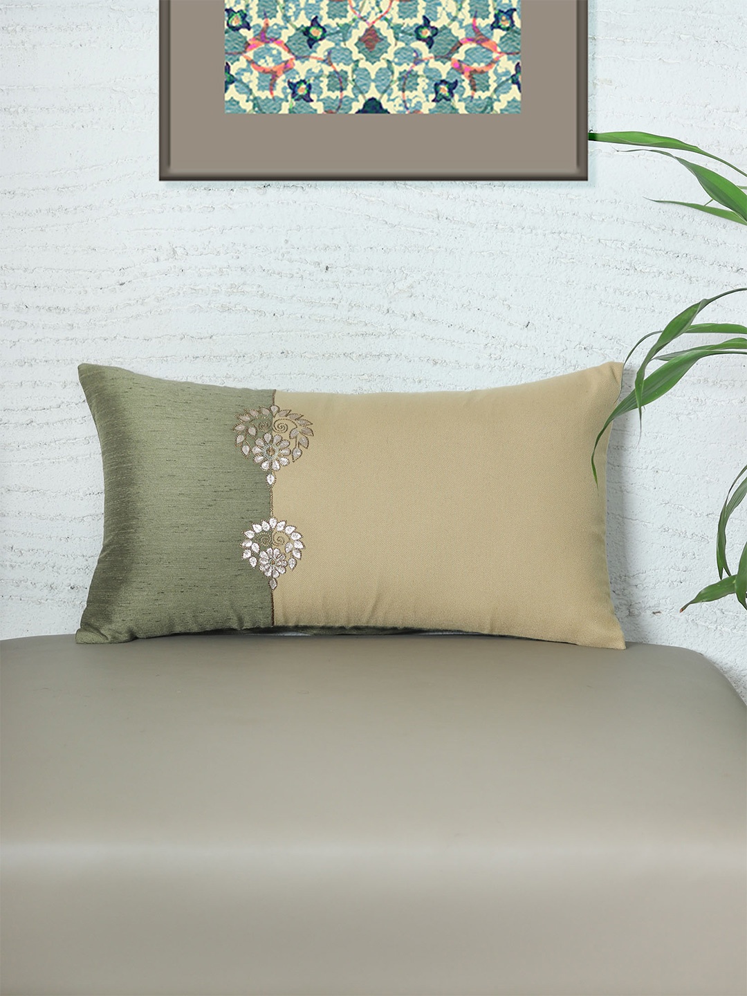 

ZEBA Green & Beige Embroidered Rectangle Cushion Cover