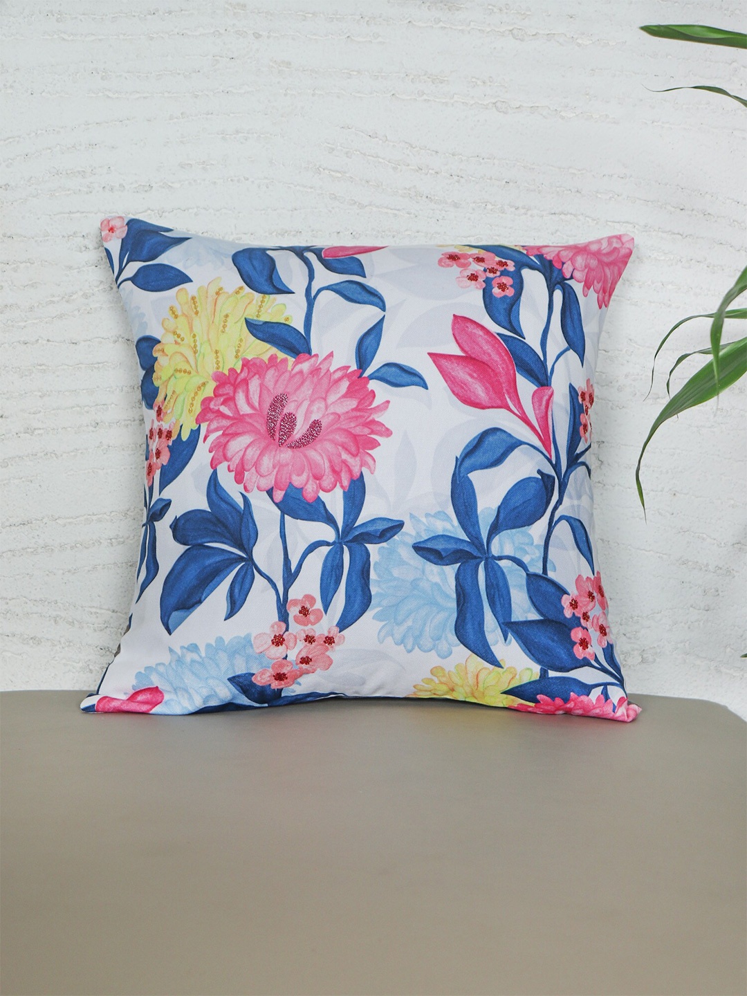 

ZEBA Off White & Blue Floral Printed Square Cushion Cover