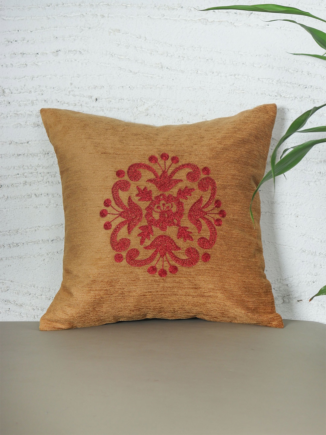 

ZEBA Mustard & Red Ethnic Embroidered Jacquard Square Cushion Cover
