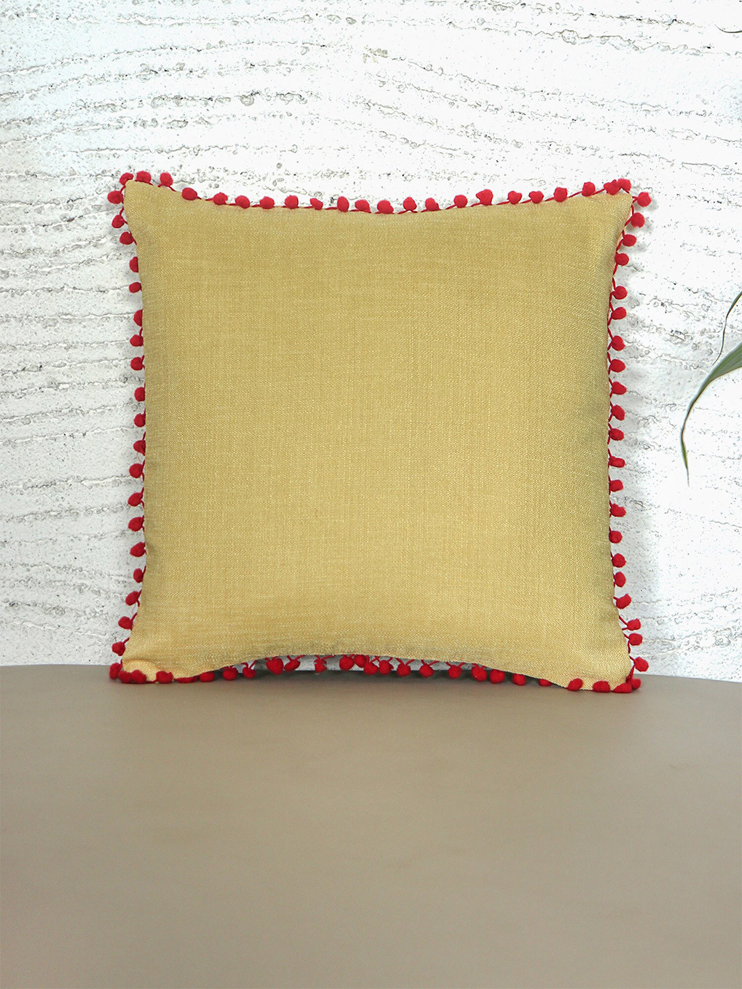 

ZEBA Beige & Red Pom Pom Detail Square Cushion Cover