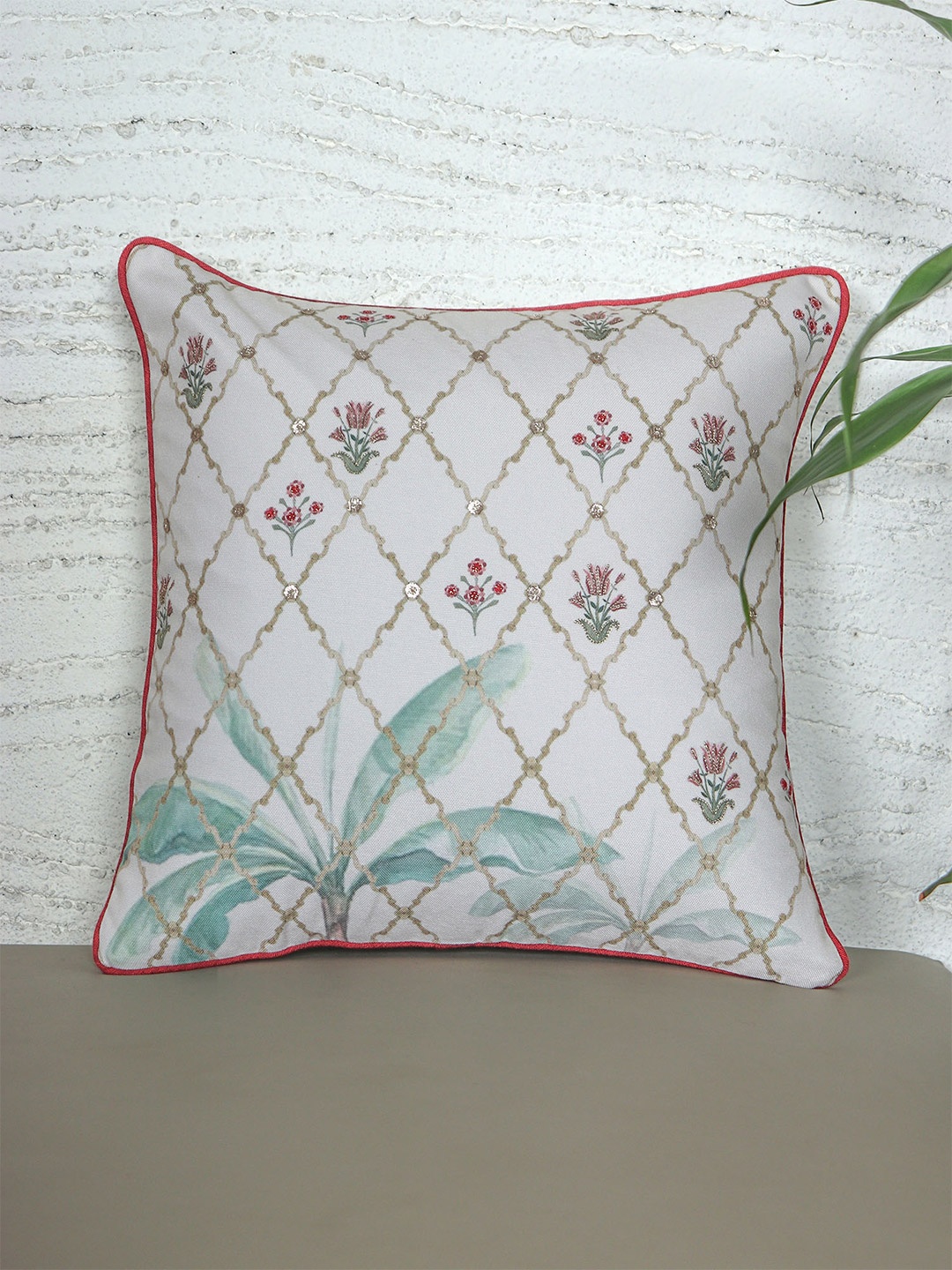 

ZEBA Off White Embroidered Square Cushion Cover