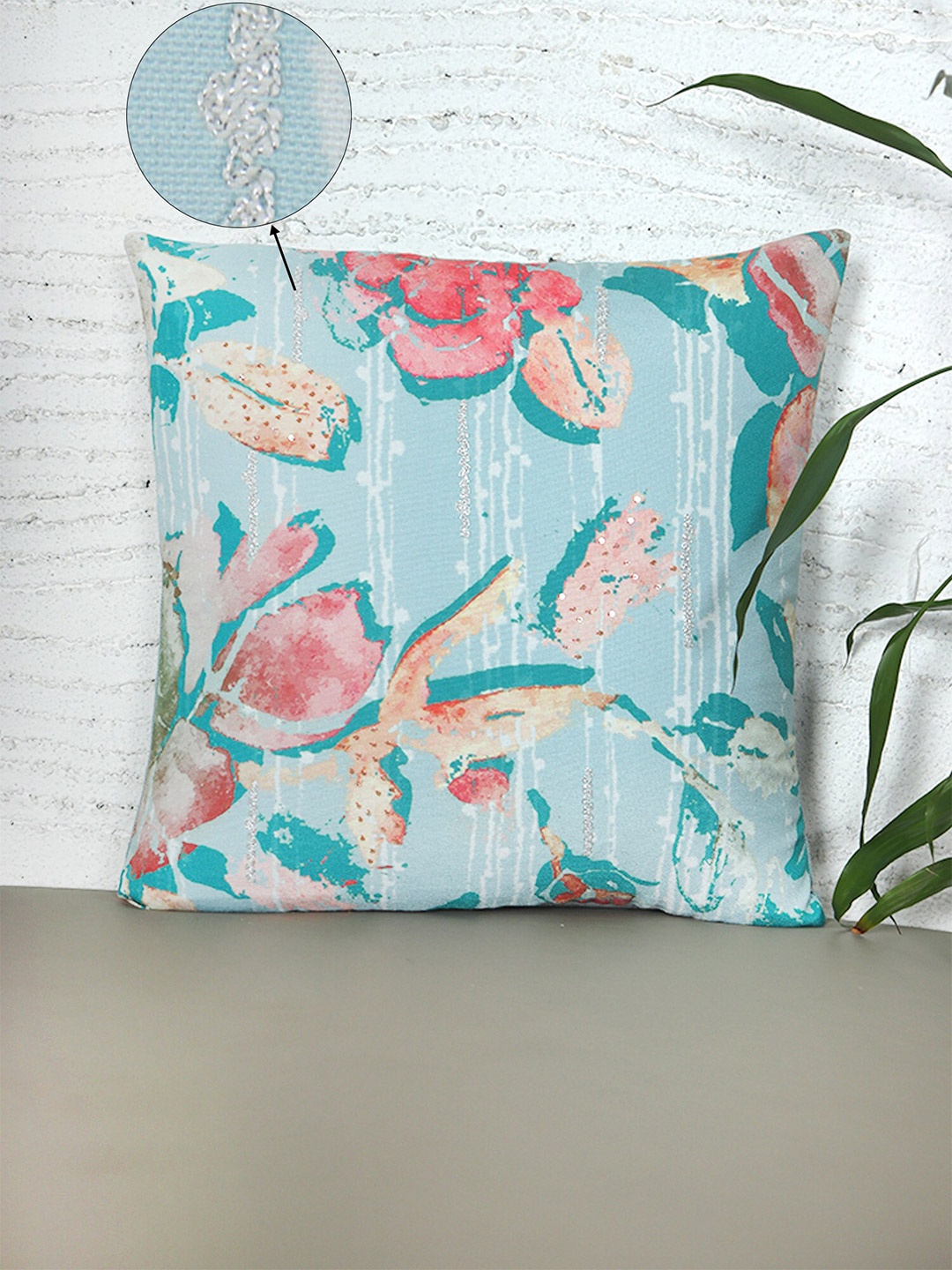 

ZEBA Blue & Pink Floral Printed Square Cushion Cover