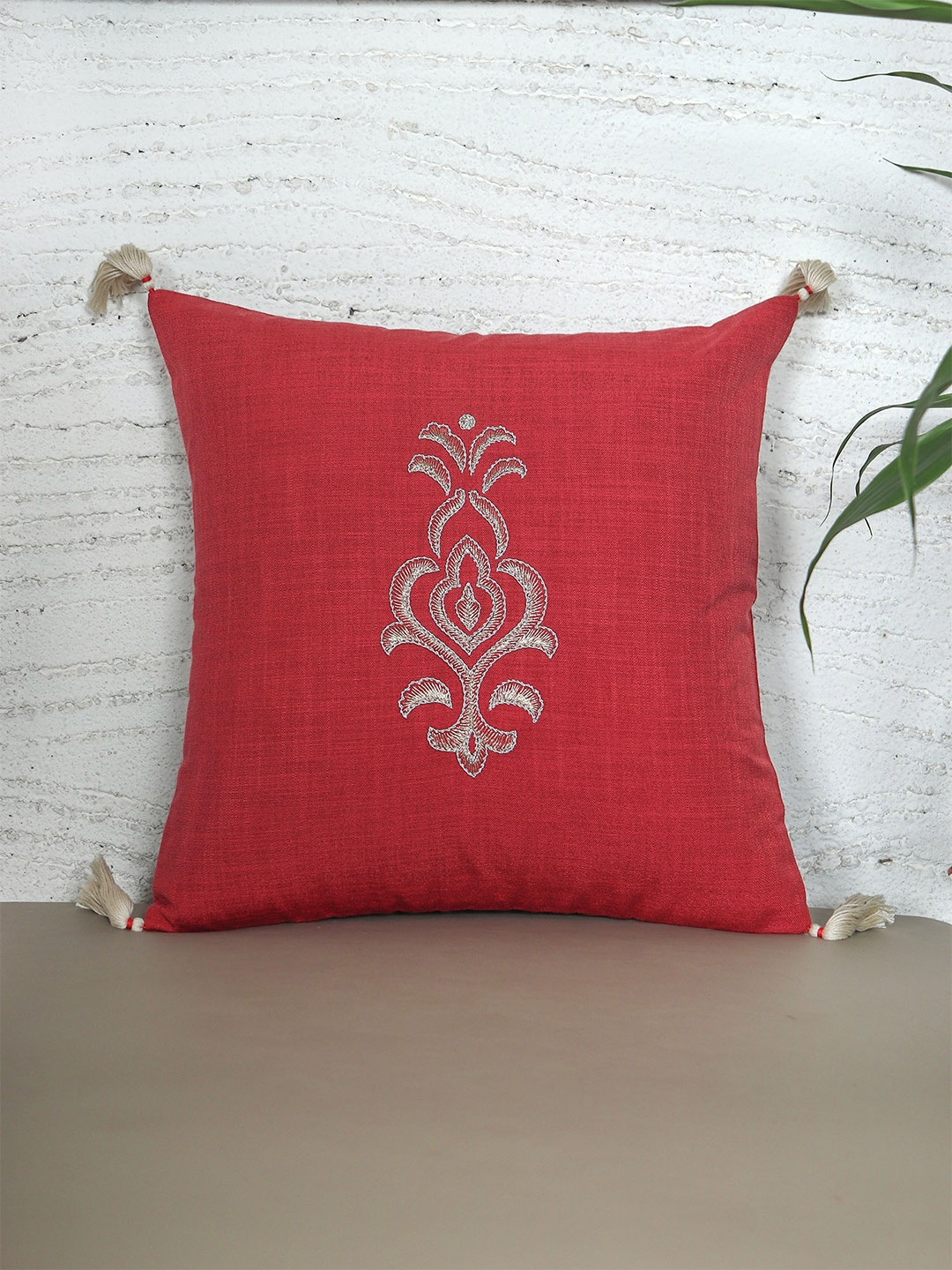 

ZEBA Red & White Ethnic Embroidered Square Cushion Cover