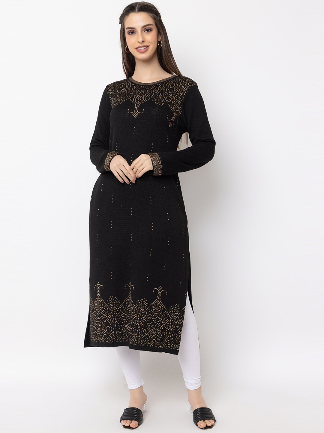 

KEIKO Ethnic Motifs Woven Design Straight Kurta, Black