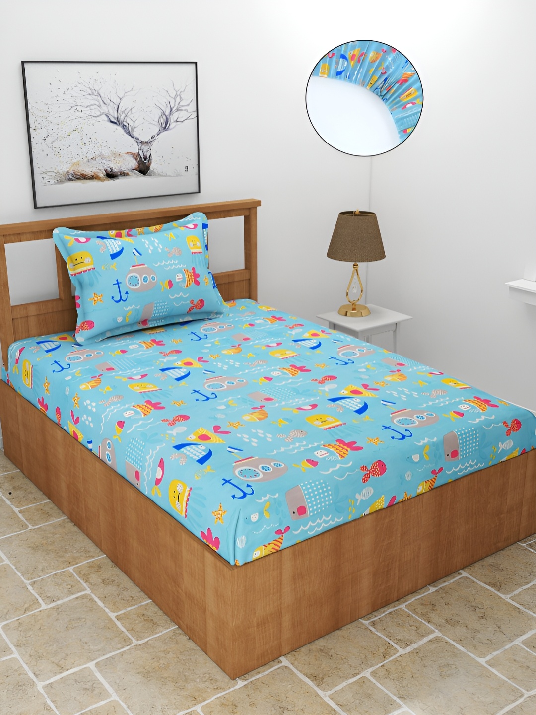 

BREVARD Blue & Yellow Printed 210TC Fitted Single Bedsheet with1Pillow Cover