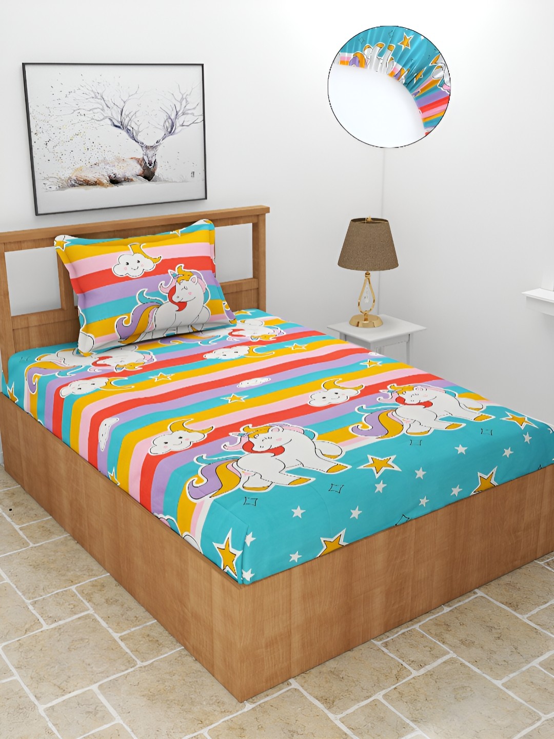 

BREVARD Blue & Orange Printed180TC Fitted Single Bedsheet with 1 Pillow Cover