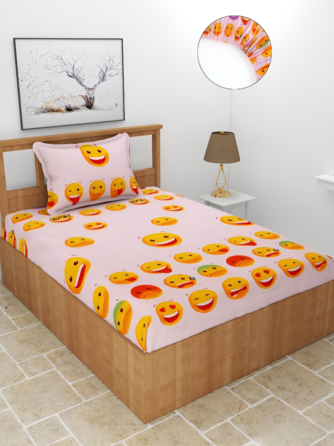 

BREVARD Pink Printed 210 TC Fitted Single Bedsheet with 1 Pillow Cover