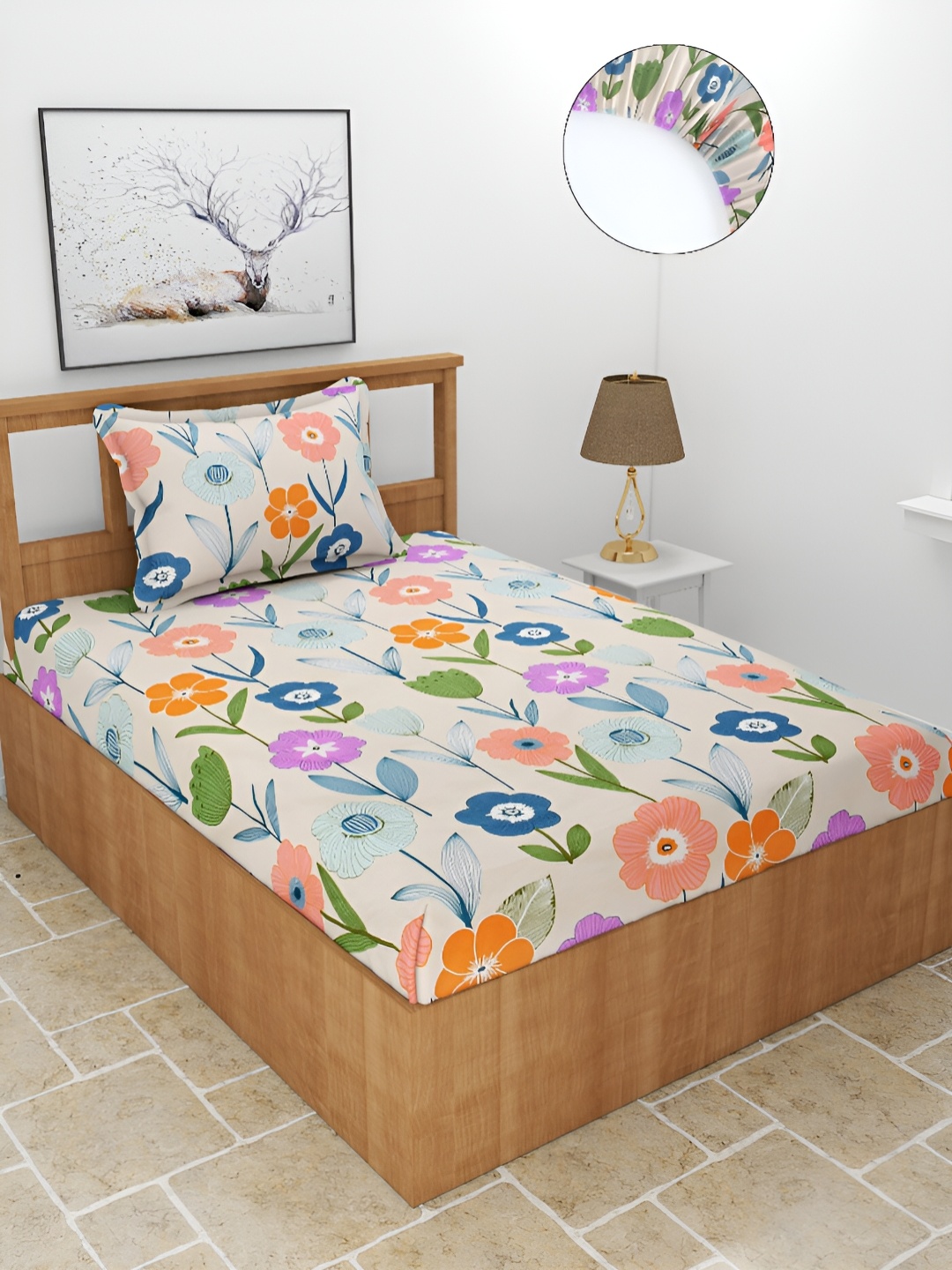 

BREVARD Off White Printed 180 TC Fitted Single Bedsheet with 1 Pillow Cover