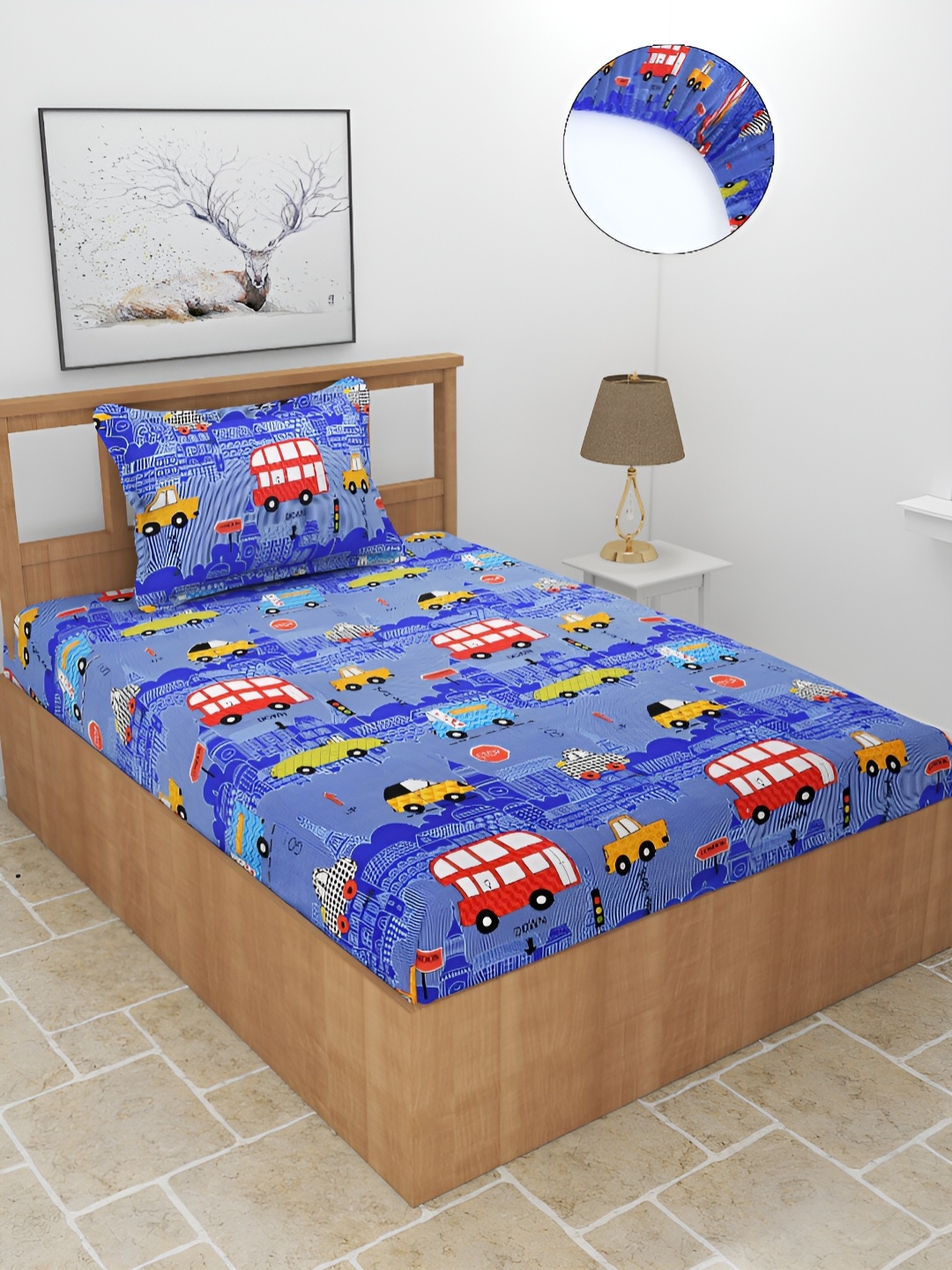 

BREVARD Blue Printed 210 TC Fitted Single Bedsheet with 1 Pillow Cover