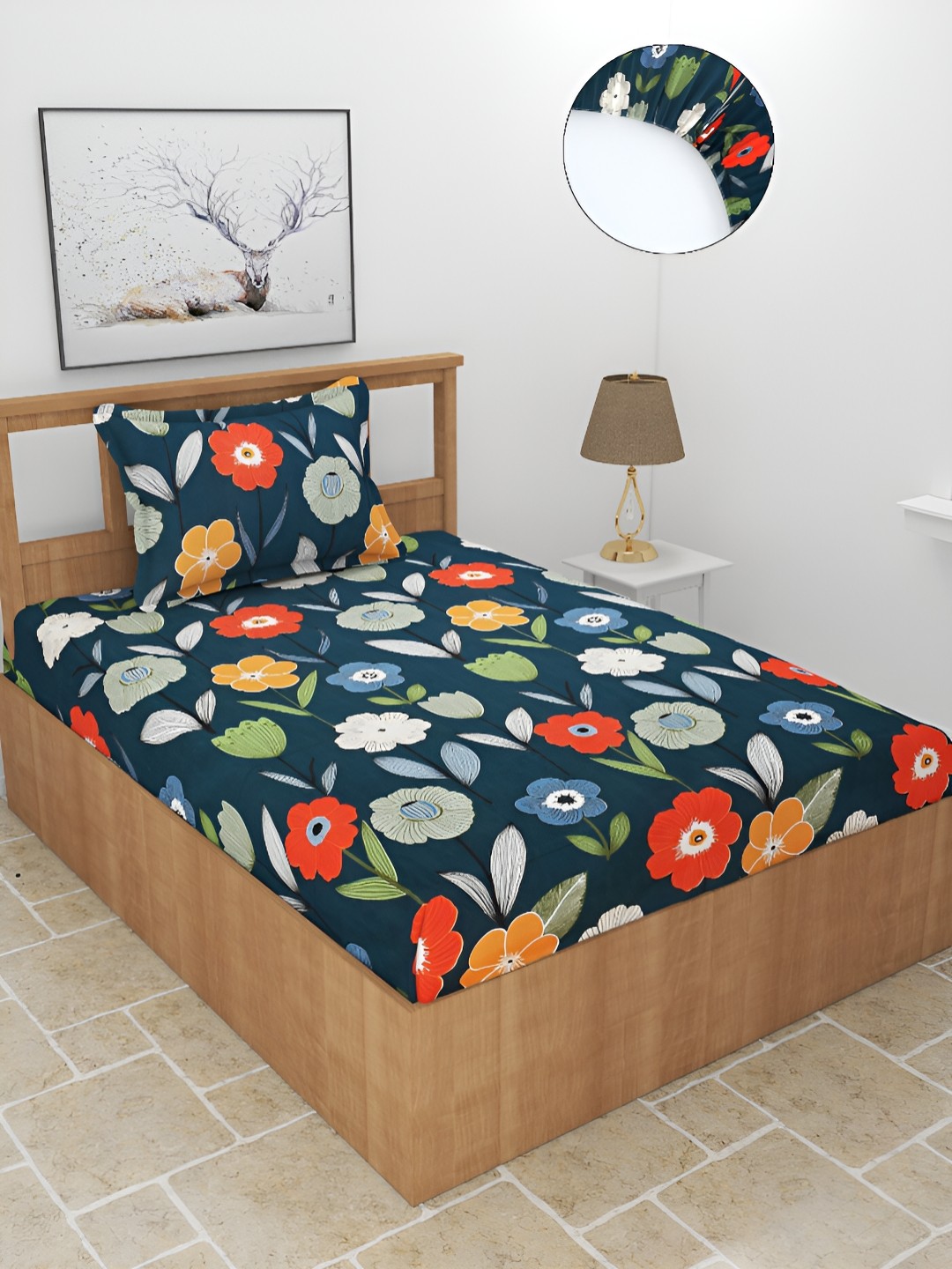 

BREVARD Blue & white Fitted Floral Polycotton180 TC Single Bedsheet with 1 Pillow Cover