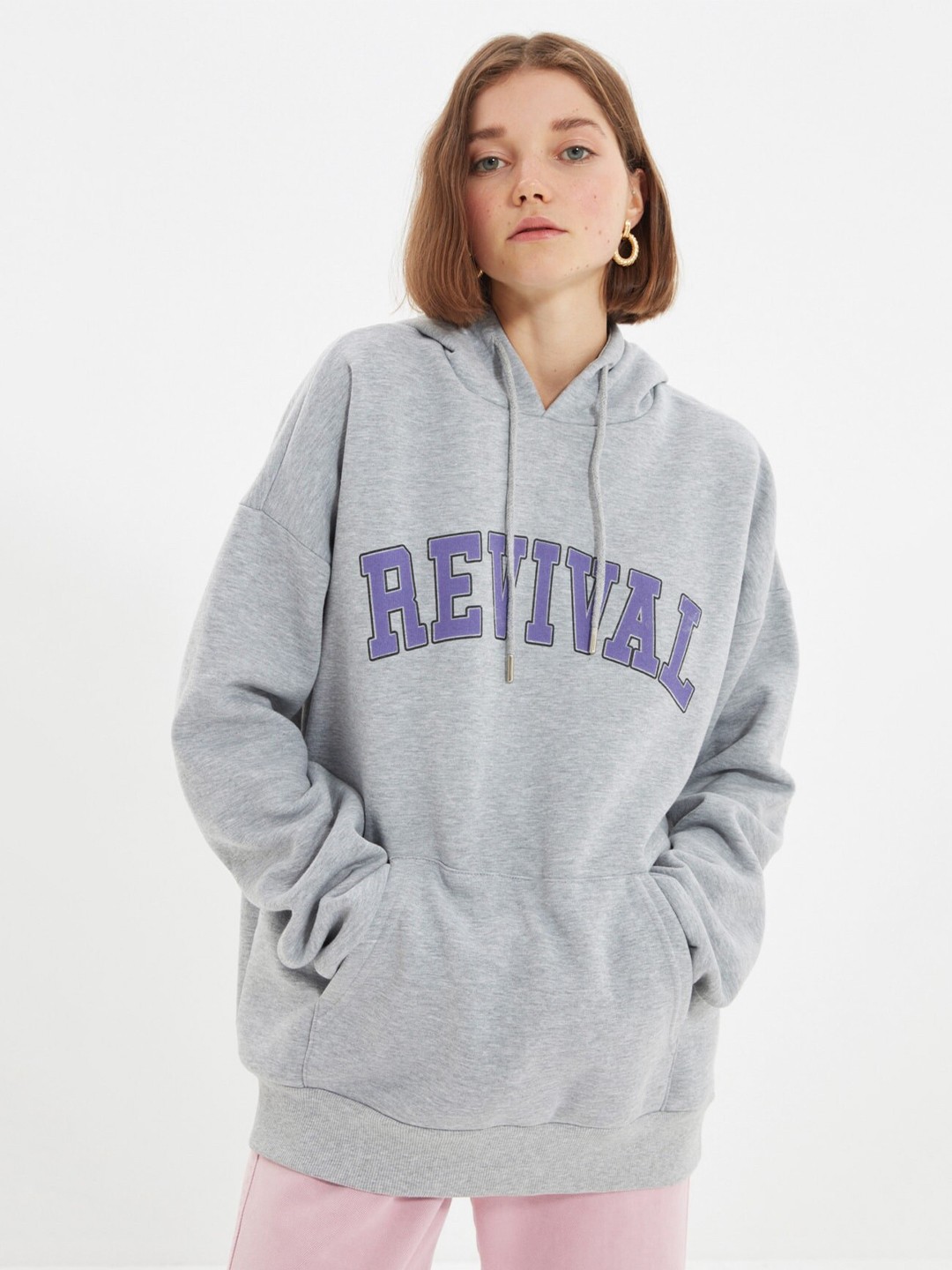 

Trendyol Typography Printed Hooded Long Sleeves Sweatshirt, Grey