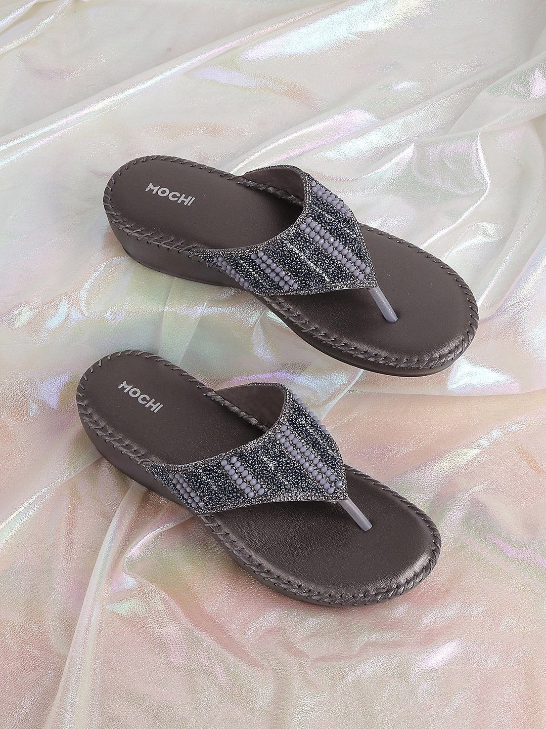 

Mochi Ethnic Embellished Open Toe Wedges, Grey