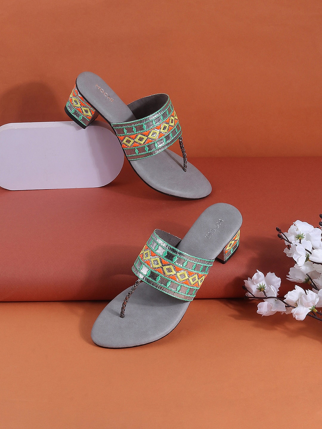 

Mochi Embroidered Open Toe Block Heels, Grey