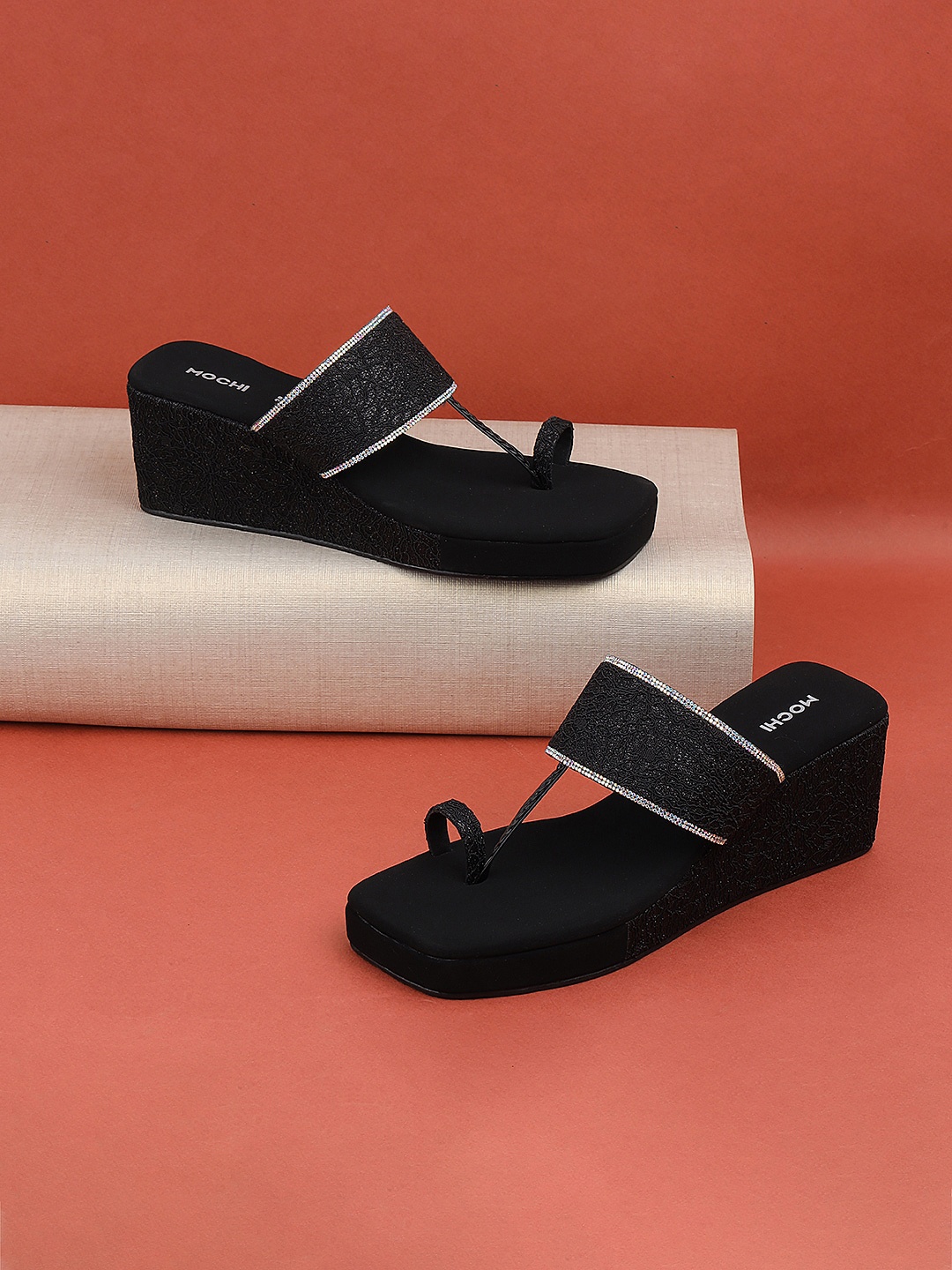 

Mochi Embellished One Toe Wedges, Black
