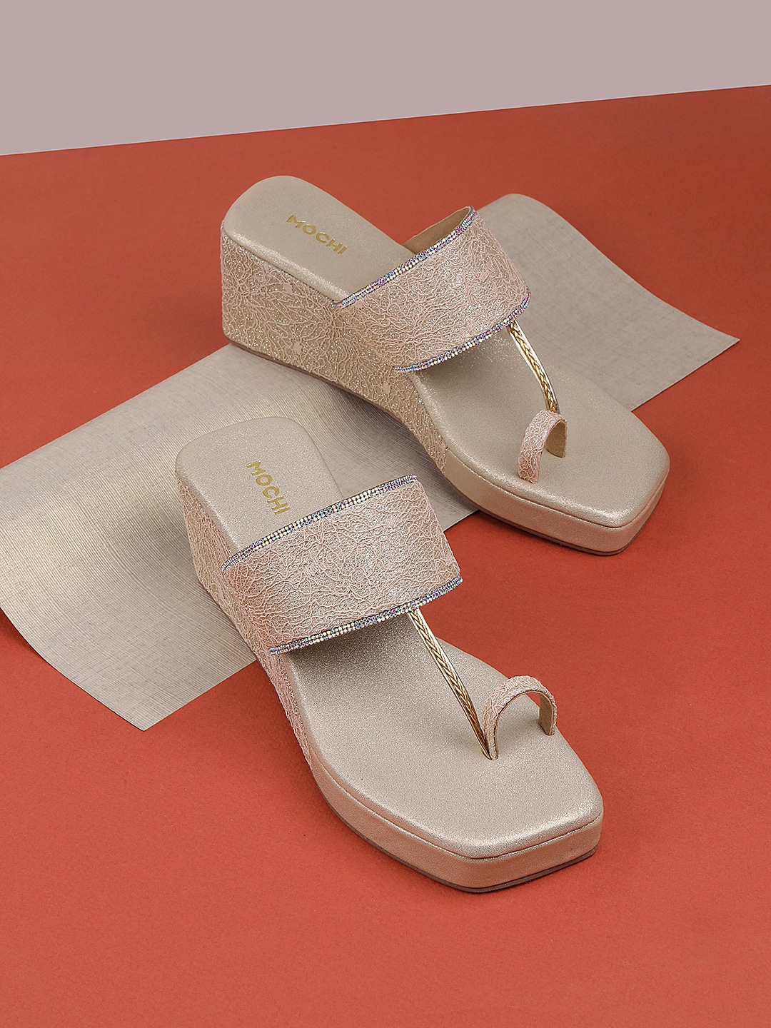 

Mochi Embellished One Toe Wedge Heels, Gold
