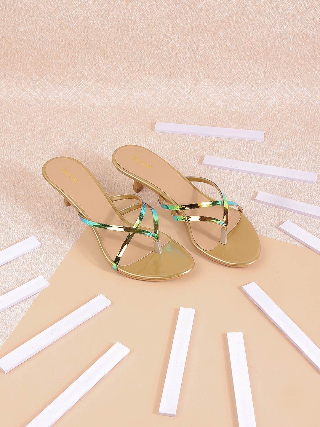 

Mochi Strappy Open Toe Kitten Heels, Gold
