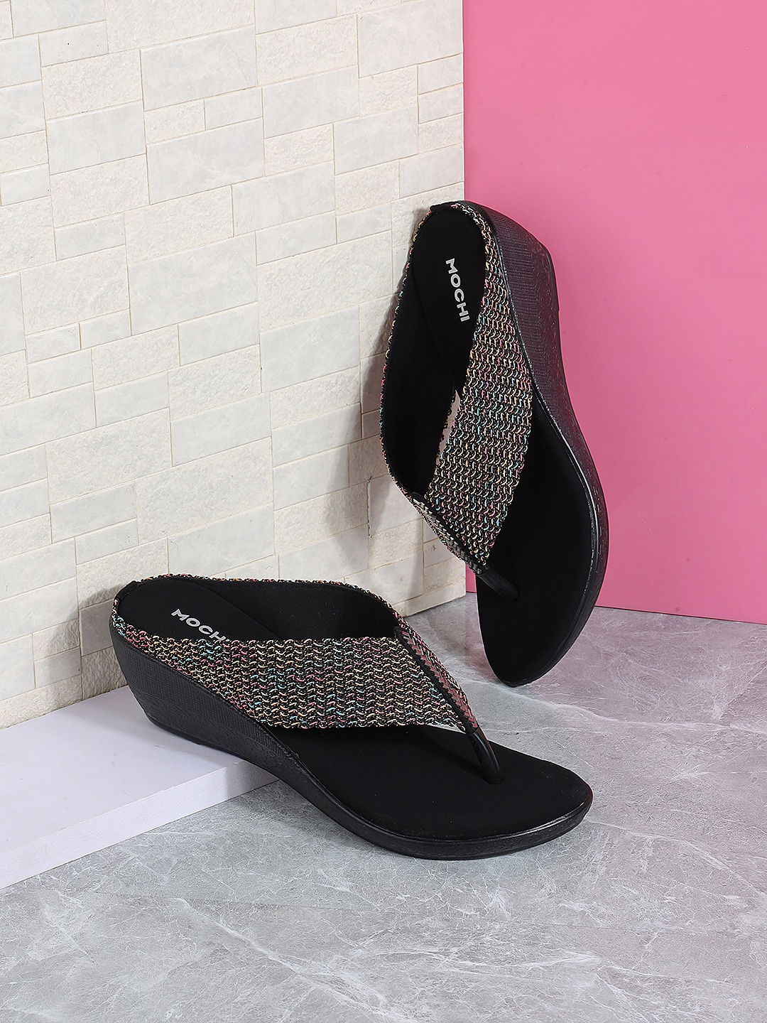 

Mochi Embellished Open Toe Wedge Heels, Black