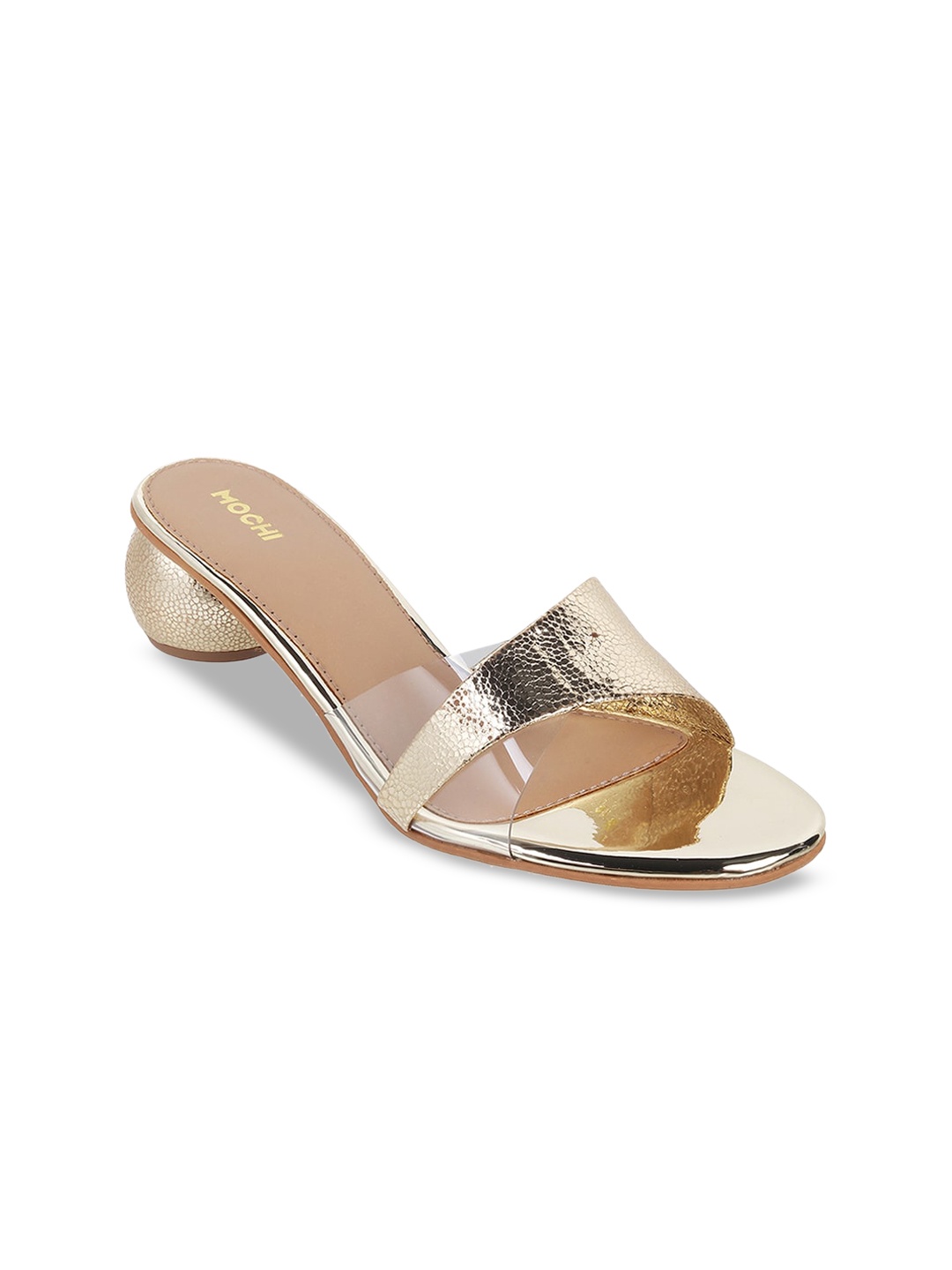 

Mochi Textured Open Toe Block Heels, Gold