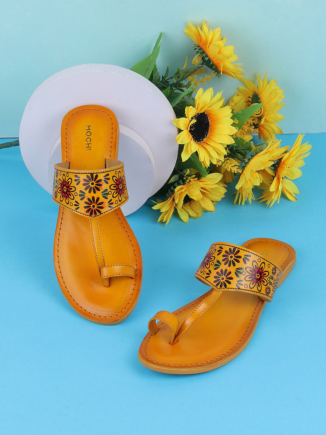 

Mochi Ethnic Printed Leather One Toe Flats, Yellow