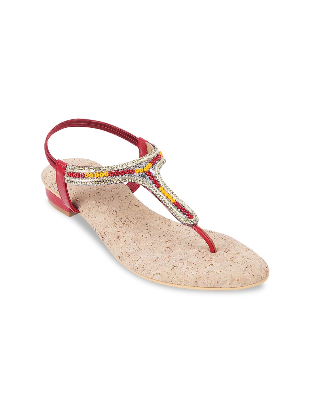 Mochi Embellished T-Strap Flats With Backstrap, Maroon