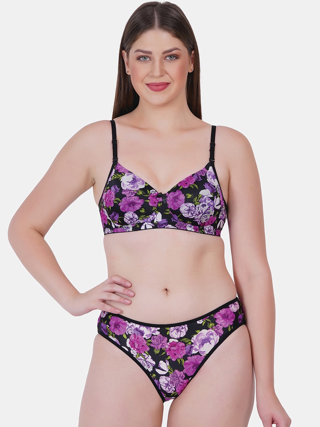 

Reveira Floral Printed Lingerie Set Daisy-D1-30, Black