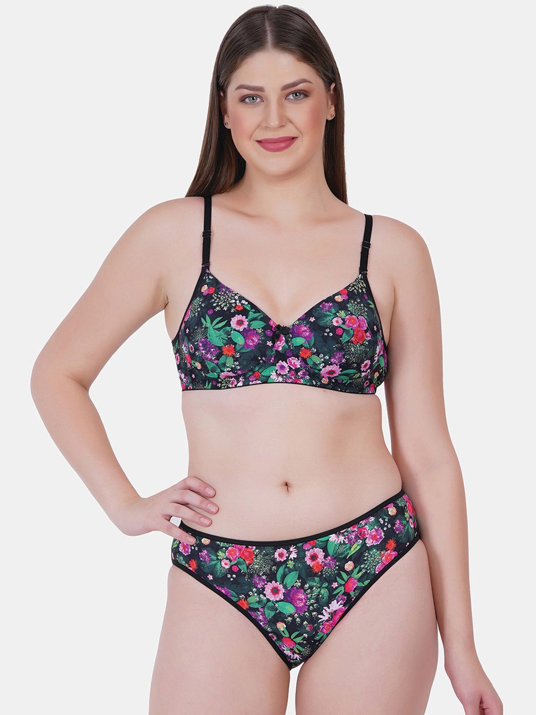 

Reveira Plus Size Floral Printed Lingerie Set, Black