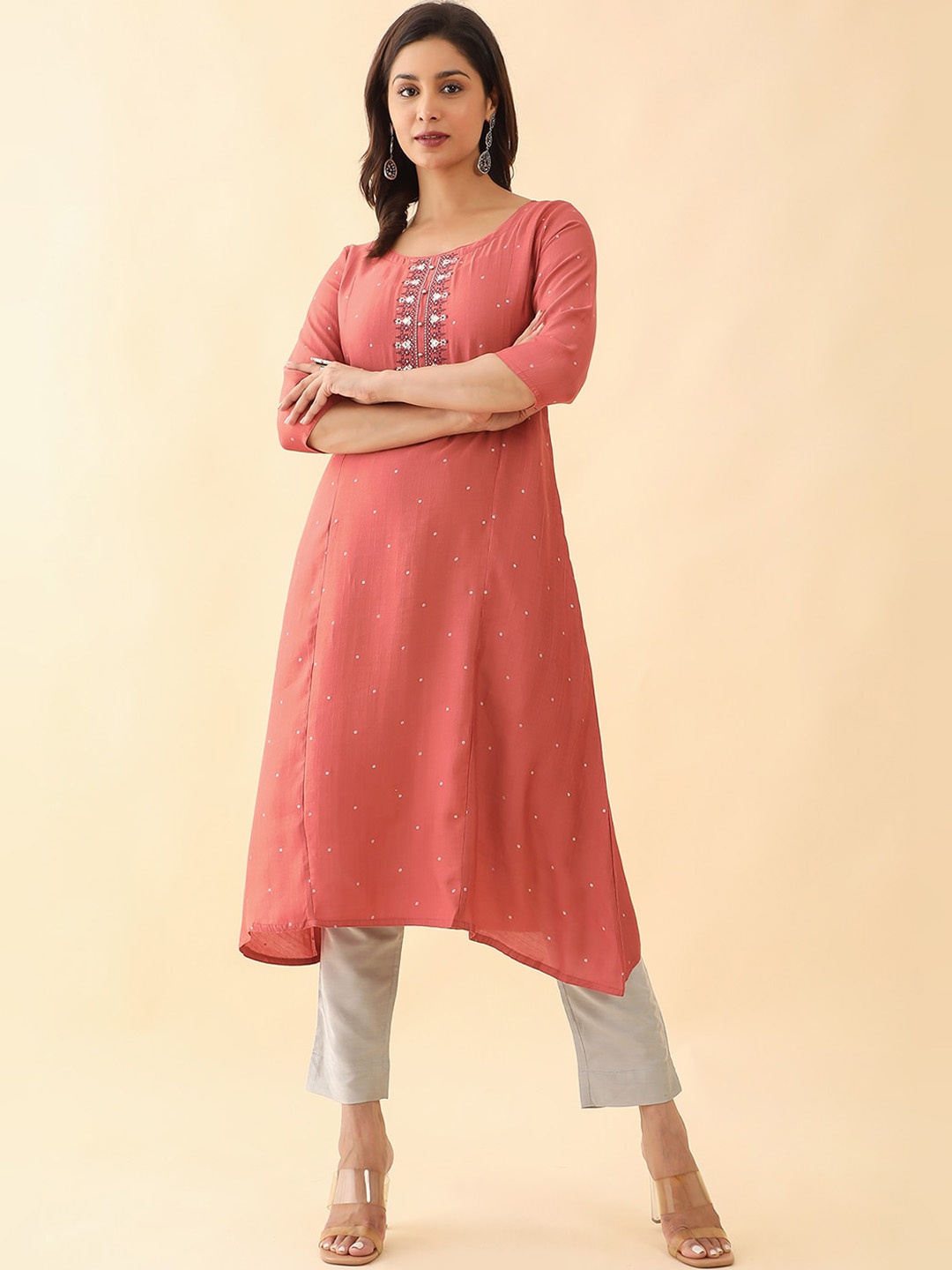Maybell Floral Embroidered A-line Kurta, Peach