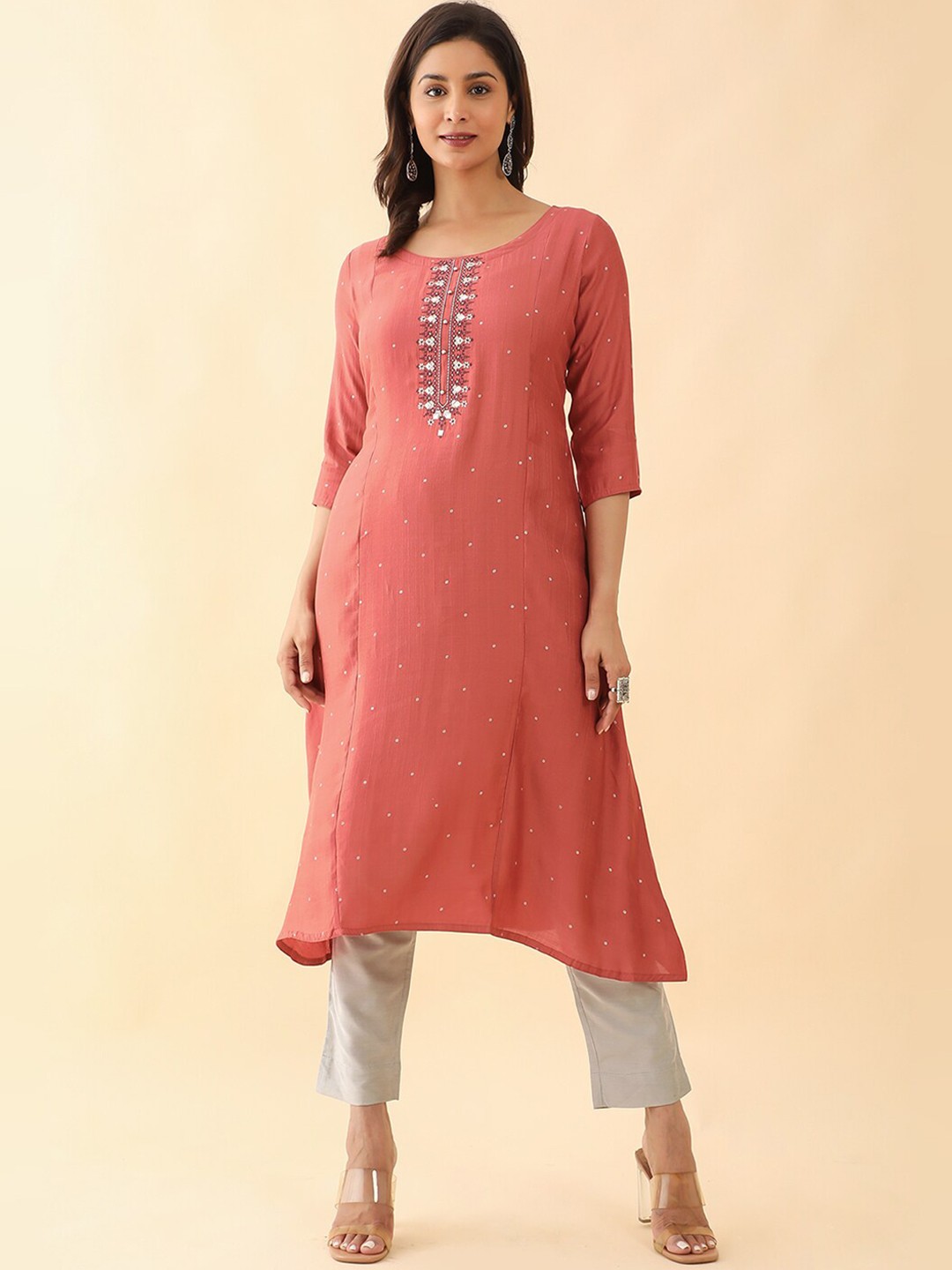 

Maybell Ethnic Motifs Embroidered Mirror Work Kurta, Peach