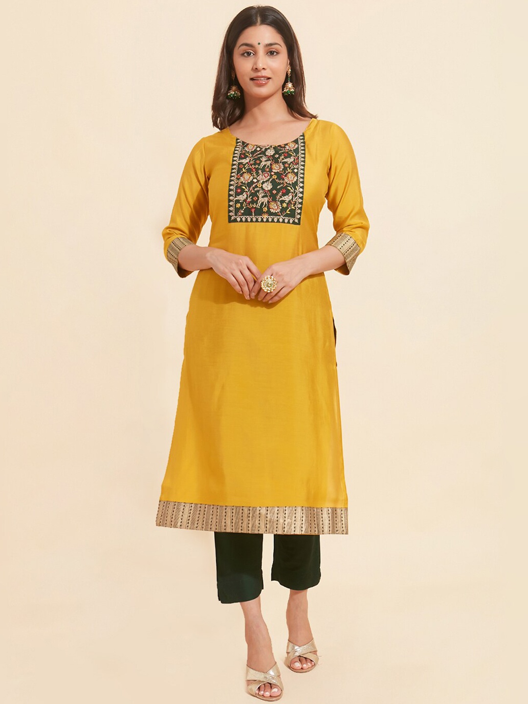 

Maybell Ethnic Motifs Yoke Design Thread Work Straight Kurta, Yellow