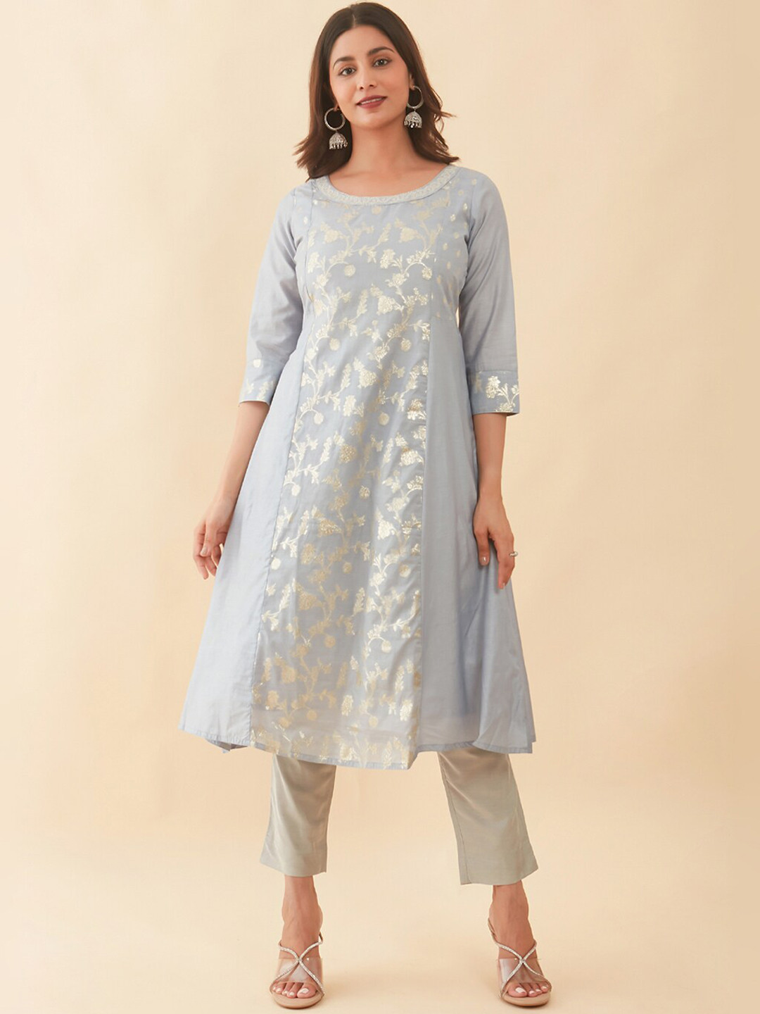 

Maybell Floral Woven Design Silk A-Line Kurta, Blue