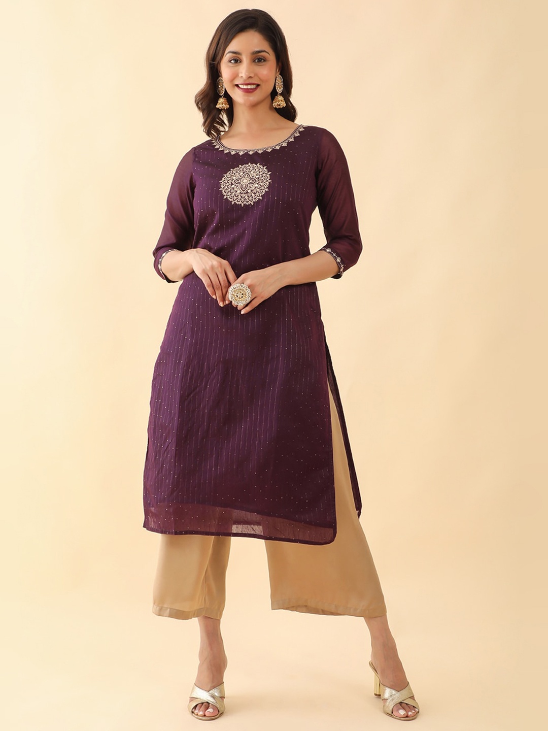 Maybell Ethnic Motifs Embroidered Mirror Work Kurta, Purple